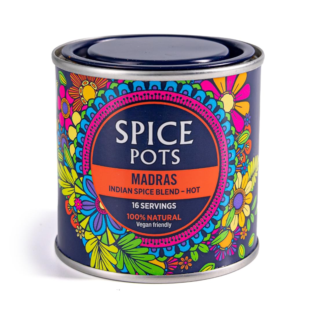 Madras Curry Powder by Spice Pots - 100% Natural Ingredients - Gluten Free & Vegan Indian Curry Powder - Dry Spice Mix For Fish, Chicken & Vegetarian Dishes (Hot Heat) - 80g Pot (16 Servings)