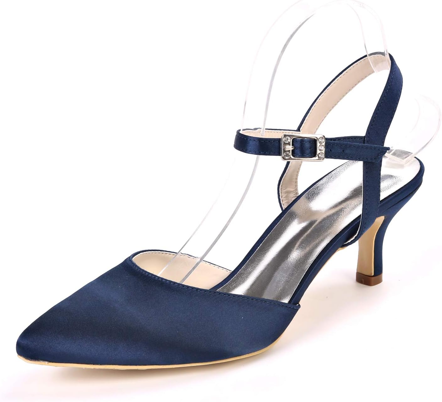 Faxpox Women Comfortable Satin Wedding Shoes Pointed Toe Navy Blue Prom Evening Party Dress Pumps Strappy Buckle Sandals Size 10