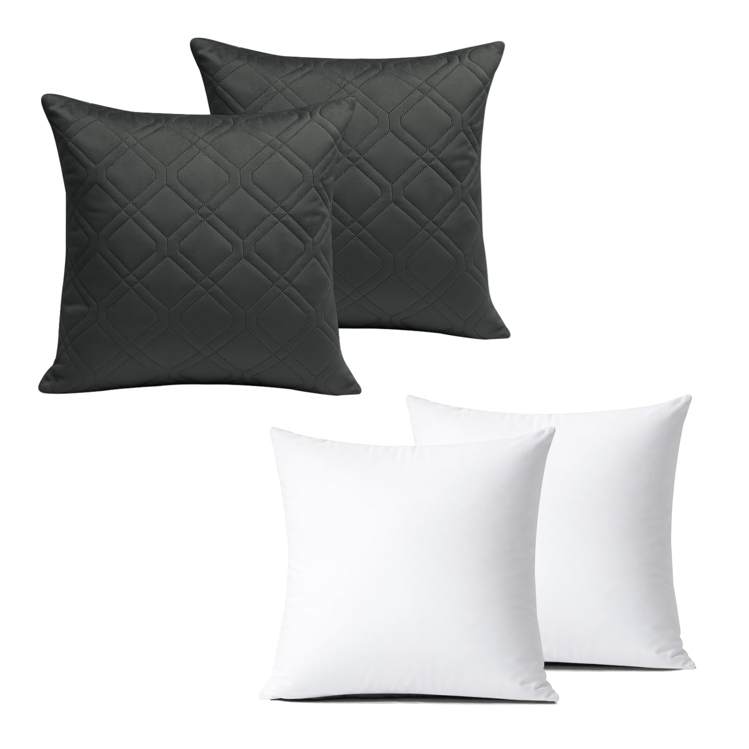 BedLooms Cushions with Covers Included 45x45 cm Charcoal Pack of 2 (2-Cushion Covers + 2-Cushion Inners) Ultrasonic Diamond Velvet Square Throw Pillow Cases with Invisible Zipper for Sofa Bedroom