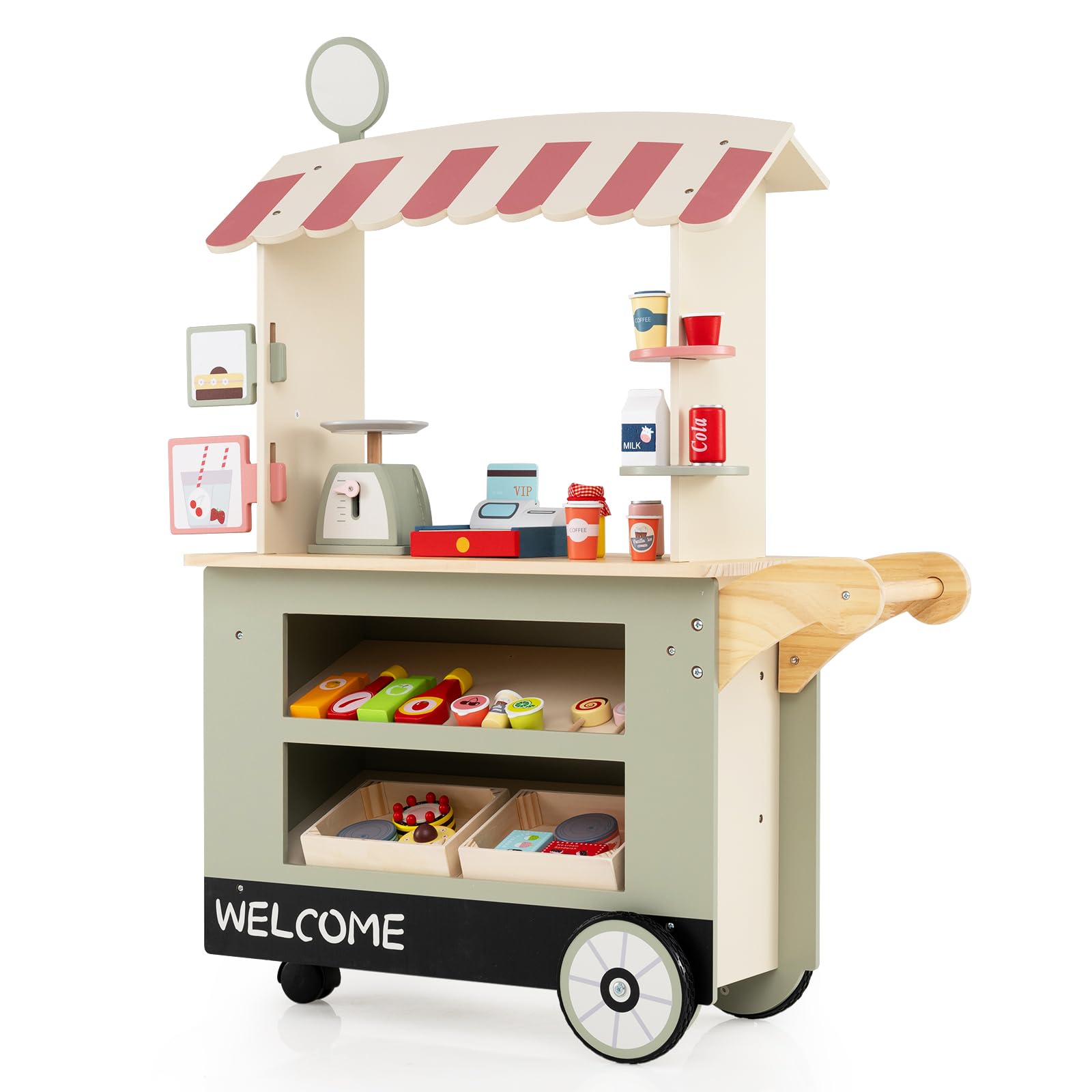 GYMAX Kids Grocery Store Cart, Wooden Market Play Shop with Wheels, 30 Pieces Accessories, Beverage Rack & Food Display Area, Pretend Children Shop Role Playset for 3 Year Old + (Green) — image 1