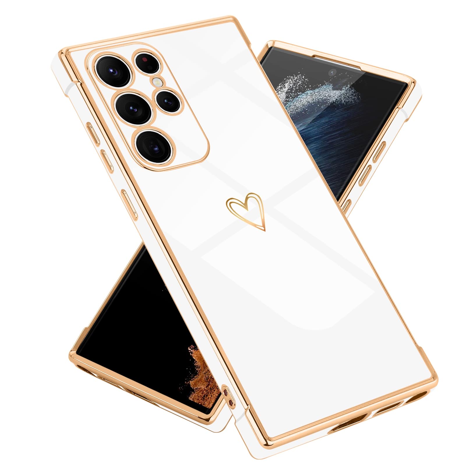 for Samsung Galaxy S22 Ultra 5G Case for Women Girls Cute Gold Heart Pattern Soft TPU Silicone Case Shockproof Protective Electroplate Bumper Cover for Samsung Galaxy S22 Ultra(6.8 inch),White