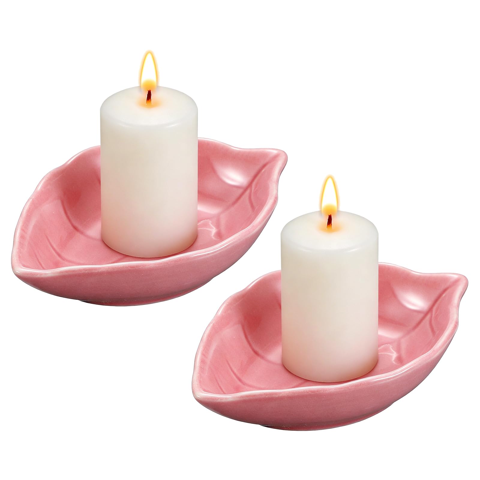 sourcing map 2Pcs Ceramic Candle Holder Plates, 4.3 x 3'' Leaf Shaped Candlestick Holder Decorative Dish Small Candle Plate for Tea Light Aromatherapy Wedding Rustic Vintage Home, Pink