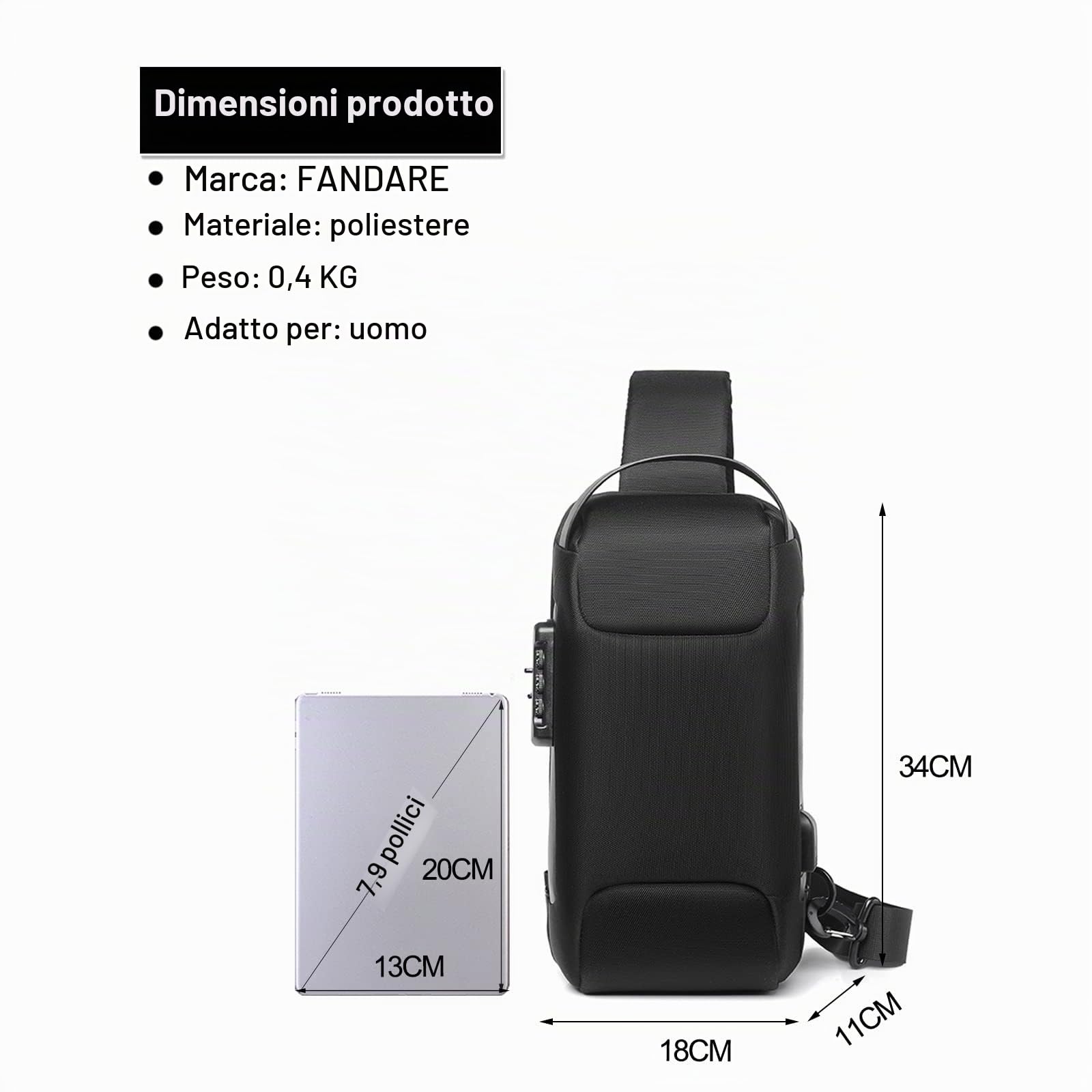 FANDARE Antifurto Zaino Monospalla Uomo Borse piccole a tracolla con USB Business Borsa a Spalla Impermeabile Stile auto sportive per Scuola Outdoor Ciclismo Viaggio Multitasche Piccolo Zaino Nero