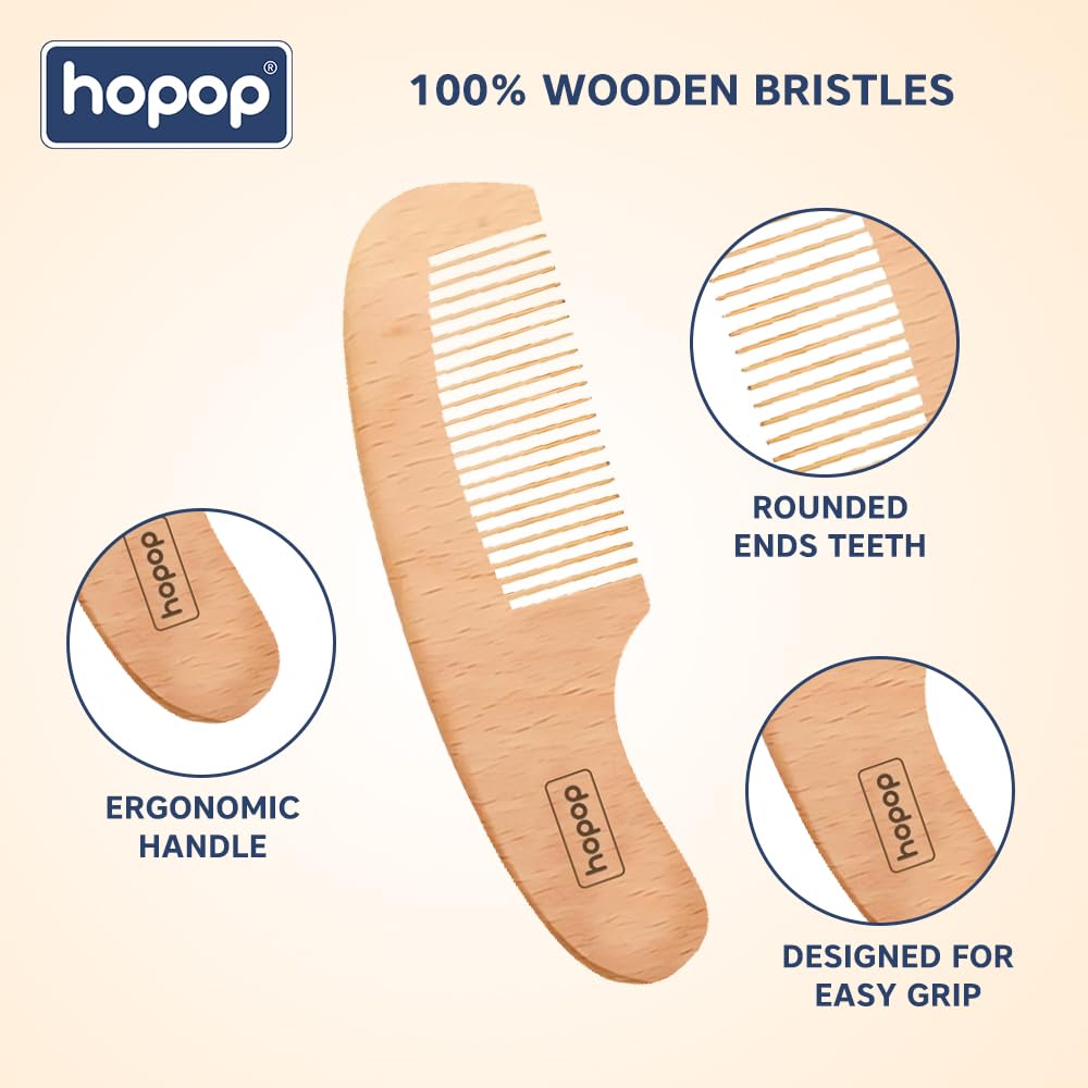 Hopop Baby Hair Brush and Comb Set | Natural Soft Bristles Hair Brush and Wooden Comb Set for Newborn Babies and Toddlers for Grooming | Safe & Gentle | Eco-Friendly Baby Grooming Solution 3