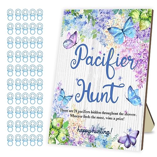 Baby Shower Games Pacifier Hunt Game Games for Baby Shower or Gender Reveal Baby Pacifier Hunt Sign Wooden 50 Blue Acrylic Pacifiers for Party Games Blue Butterfly Design