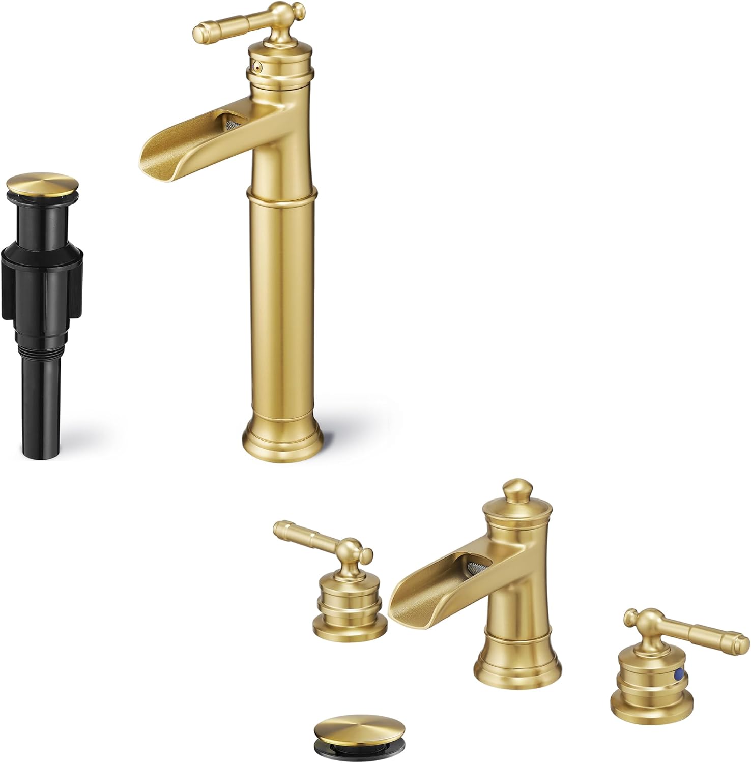 Tall Brass Bathroom Waterfall Faucet, Brushed Gold Bathroom Faucet 1 Hole Bathroom Faucets Single Handle, Widespread Faucet for Bathroom Sink 2 Handles Bathroom Sink Faucet with Water Hoses