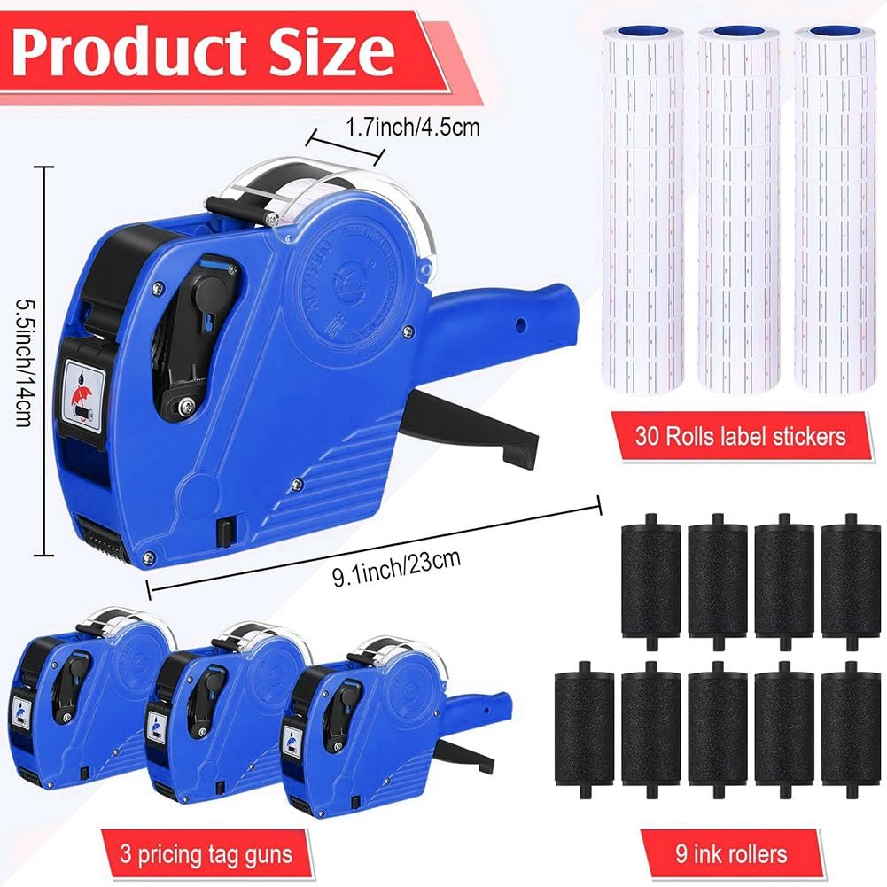 Lot de 3 Pistolets à Étiquettes de Prix à 8 Chiffres avec 30 Rouleaux D'Étiquettes et 9 Rouleaux D'Encre Bleus