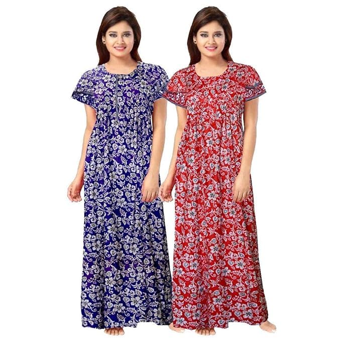 Image of Nighty for Women Cotton Printed Maxi Gown Ankle Length Nighty Night Dress Gown for Women Maxi - (Pack of 2)