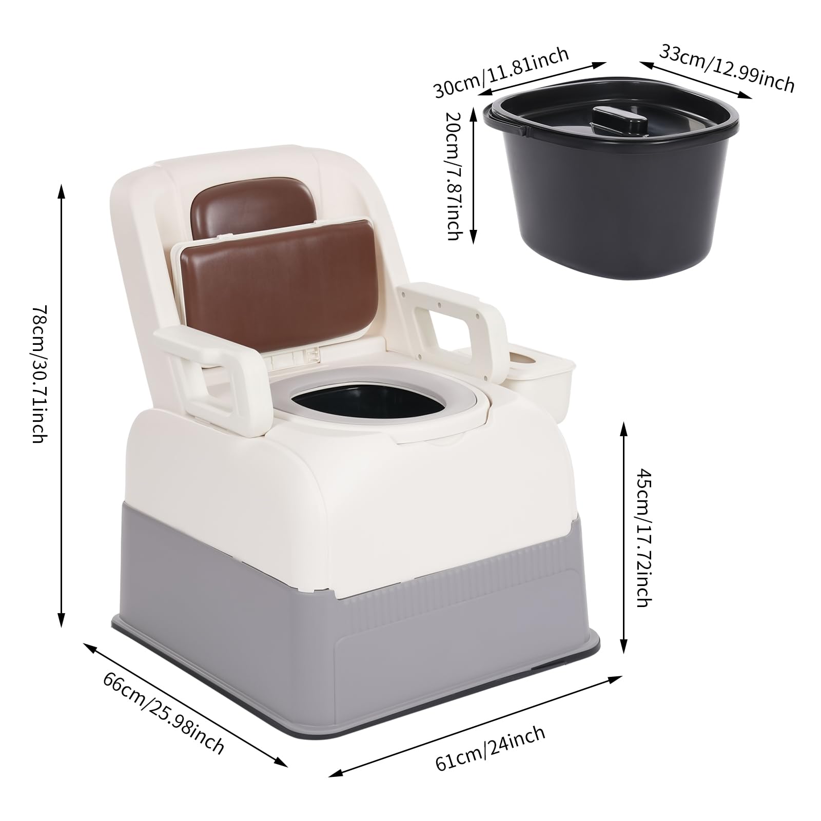 Bedside Commode Chair, Safety Commode Toilet, Commode Chair with Garbage Bag, Toilet Chair with Duty Drop Arms & Removable Bucket, Weight Capacity of 220.46 Lbs, 25.98 * 24 * 30.71in, Brown