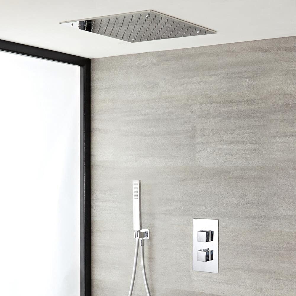 Mice - Conjunto ducha empotrada techo TERMOSTATICO - Rociador extraplano es de techo, cuadrado de 40 cm x 40 cm de lado incluye el premarco - Griferia de baño efecto lluvia color cromo