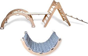Montessori Climbing Set | Triangle Arch Two Ramp and Cushion | Wooden Jungle Gym Set | Montessori Triangle & Rocker Set with Ramp and Pillow | Indoor Playground with Rocker Cushion Dino