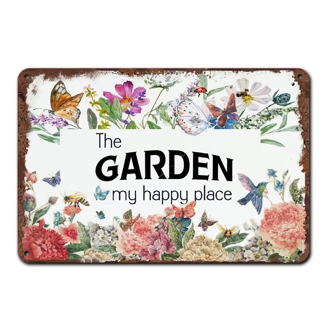 peiyeety Metal Tin Sign The Garden My Happy Place Quote Art Decorative 6x8 Inch Vintage Retro Wall Art Plaque For Farmhouse Garden Patio Rustic Floral Themed Wall Decor