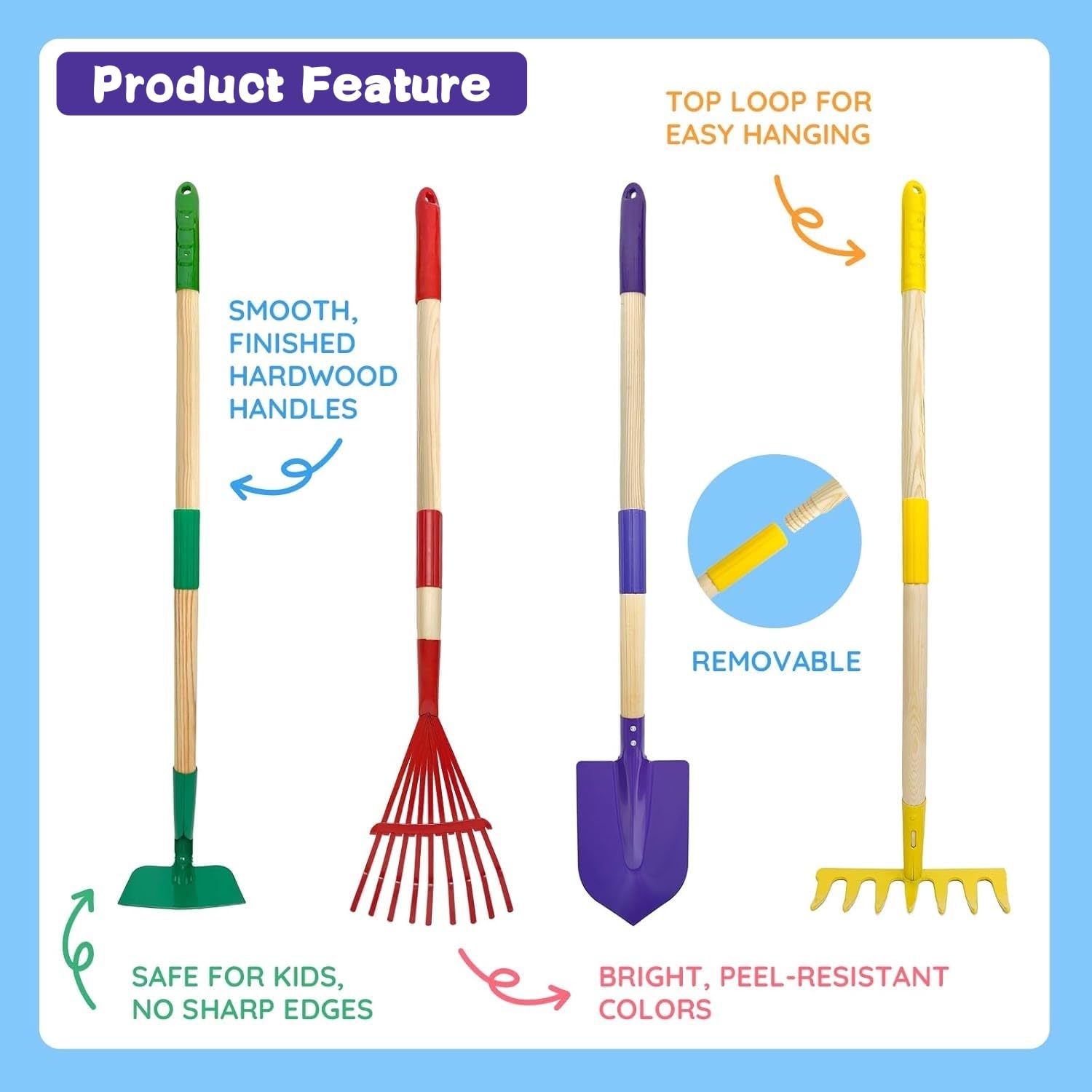 LATERN Juego de Herramientas de Jardinería para Niños, 70CM Carretilla con 70CM Metálica Pala Rastrillo Azada Hojas Rastrillo 20CM Pala Rastrillo Guantes para Exteriores Jardín Patio Césped Excavación