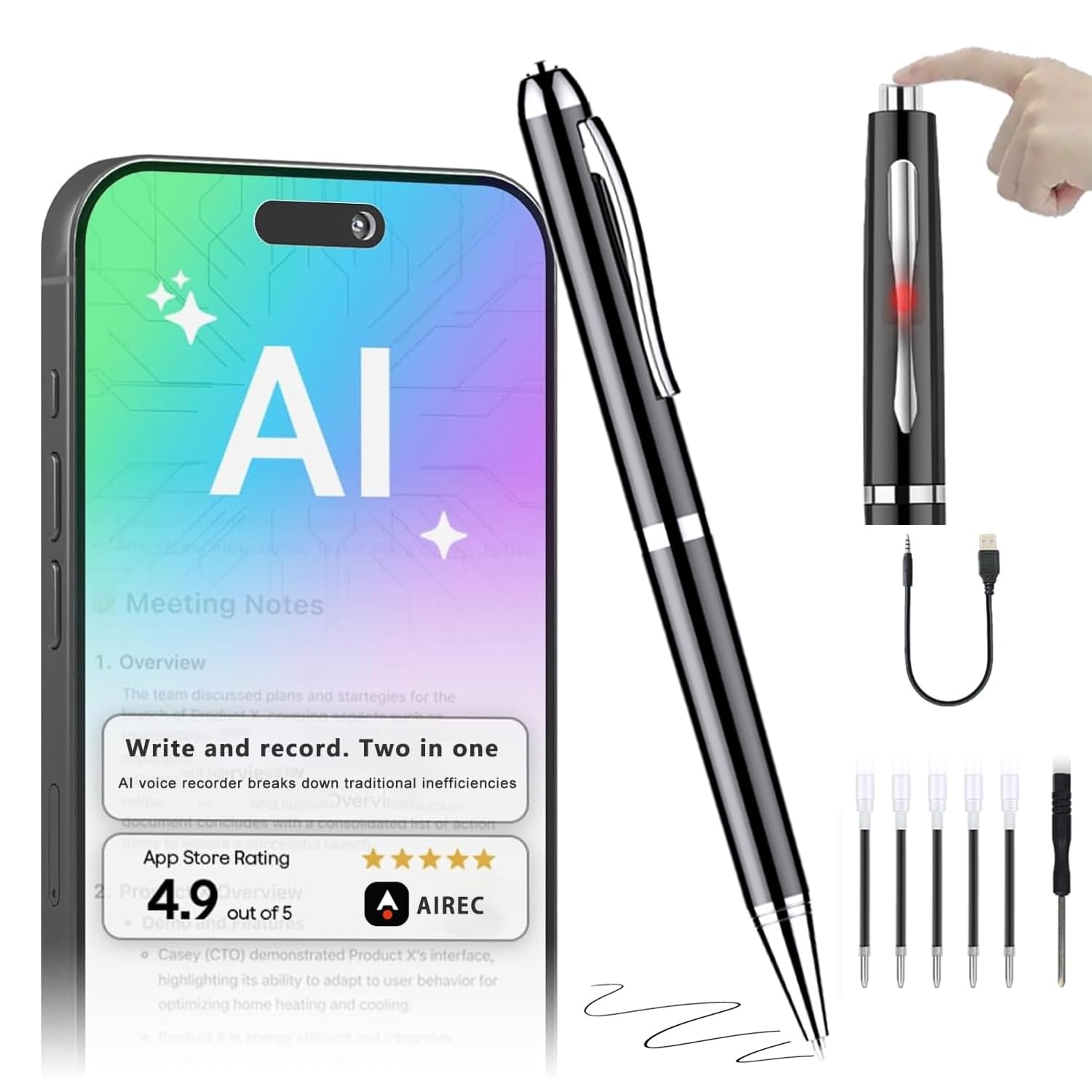 AI Voice Recorder Pen, One-Touch Recording, 360° Mic, Real-Time Transcription & Translation, App Control, 10-Hour Battery, 16GB Internal Memory+ Unlimited Cloud, PC/Mac Compatible