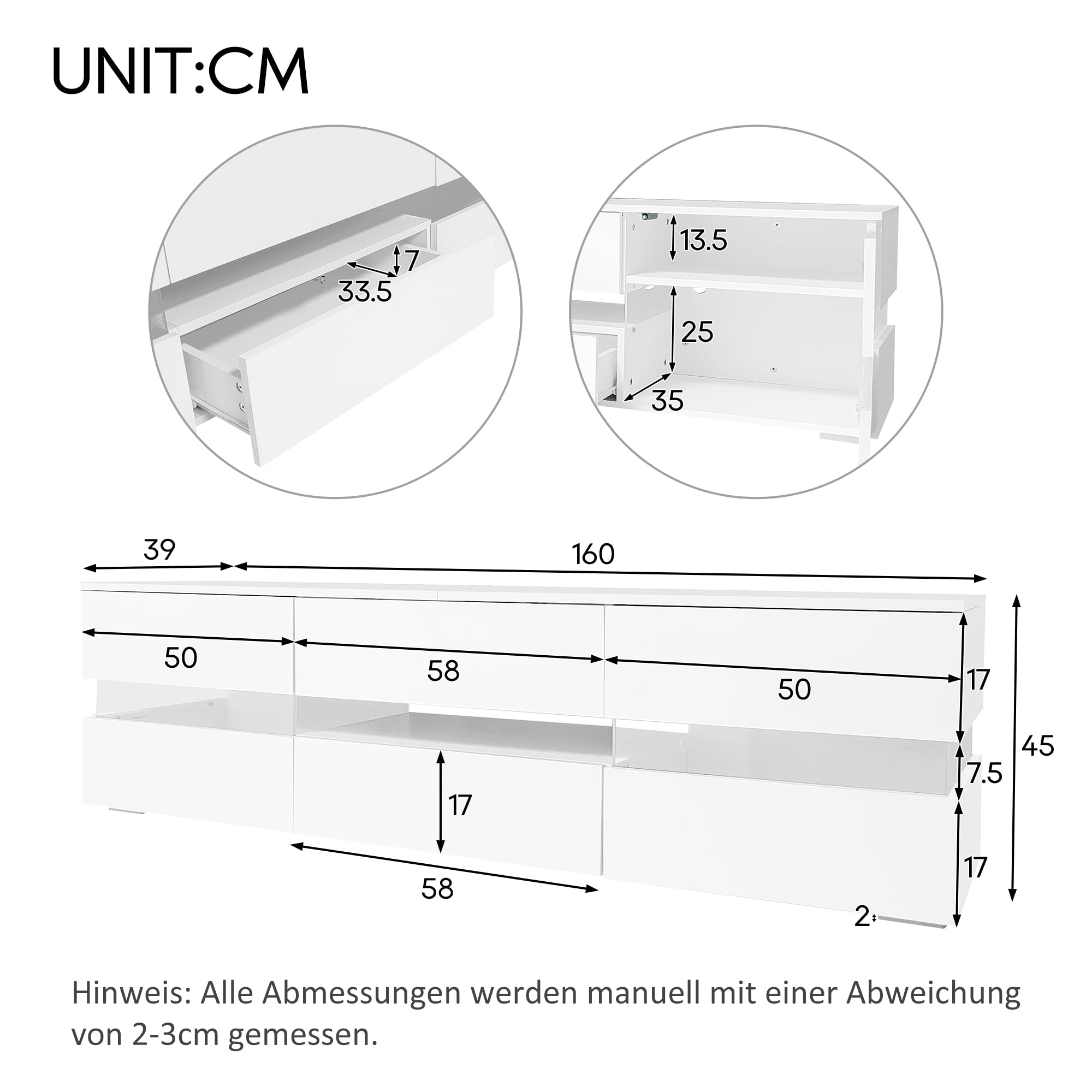 okwish TV-Schrank mit LED & Stauraum, Weiß Hochglanz 160 x 39 x 45 cm