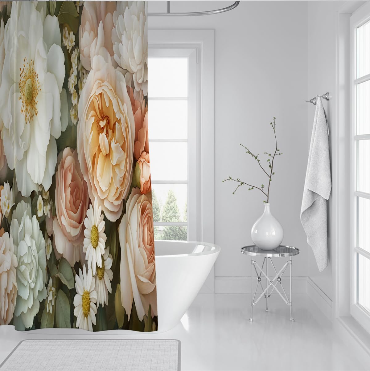 Rideau douche fleurs peinture huile baroque rose marguerite W220xL180 cm