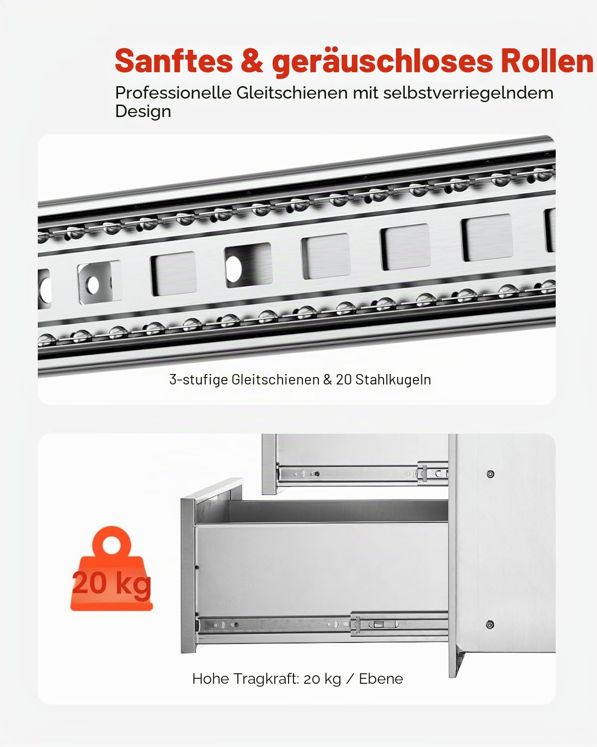 VEVOR Outdoor-Küchenschubladen flächenbündig montierte Grillschubladen mit dreifachem Zugriff und Edelstahlgriff, Grillinselschubladen für Außenküchen oder Grillinsel-Terrasse 400 x 450 x 450 mm