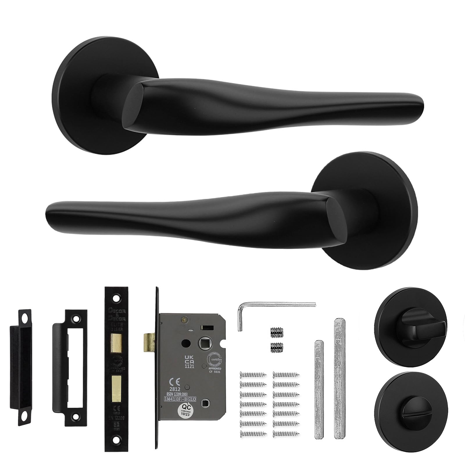 Decoranddecor Matte Black Interior Door Handle Set with Privacy Lock, Aluminum Construction, Nanda Range