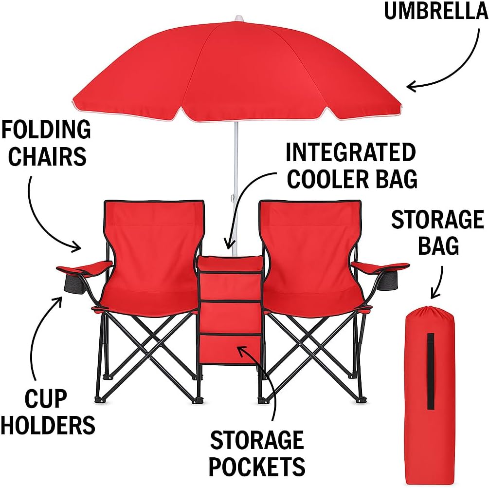 GoTeam Portable Double Folding Chair w/Removable Umbrella, Cooler Bag and Carry Case - Red