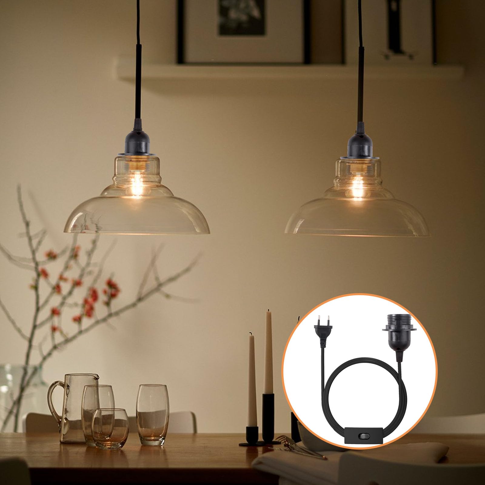 2 Piezas Portalámparas E27 con Cable Casquillo con Interruptor y Cable de 5m Portalámpara E27 con Arandela Roscada e Anillo de Rosca Porta Lampara para Candelabro Colgante