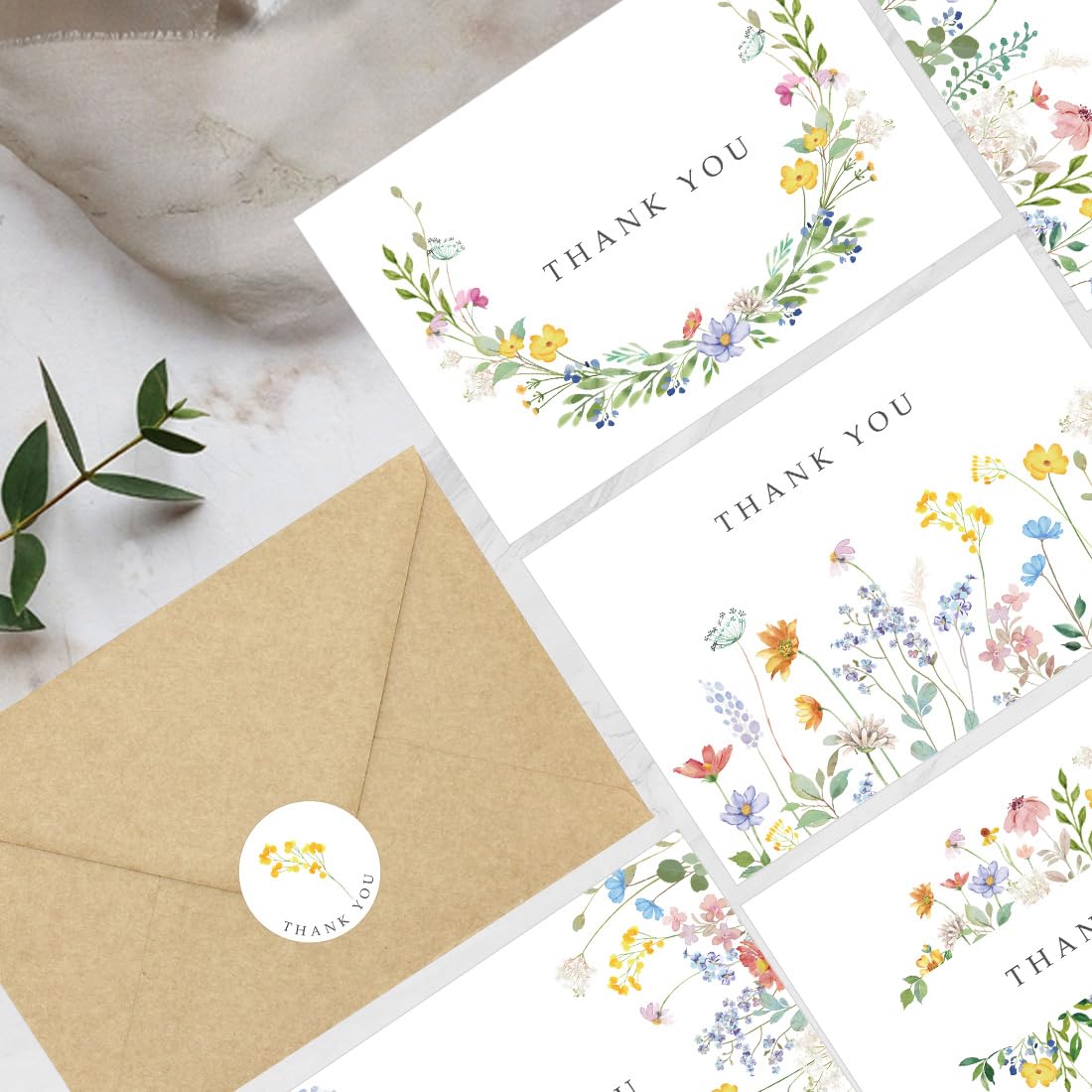 Paquete De 100 Tarjetas Agradecimiento Florales Con Sobres, Notas Flores Silvestres En Acuarela Sobres Papel Kraft Para Cumpleaños, Boda, Shower, Despedida, Baby