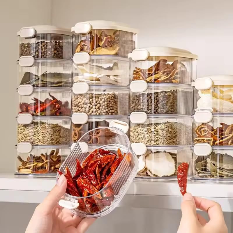 Image of Stackable 4-Layer Transparent Spice Storage Container - Multipurpose Airtight Organizer Box for Kitchen Herbs, Masala, Dry Fruits, Seeds, Space-Saving Plastic Jars with Locking Lids (1 Pack)