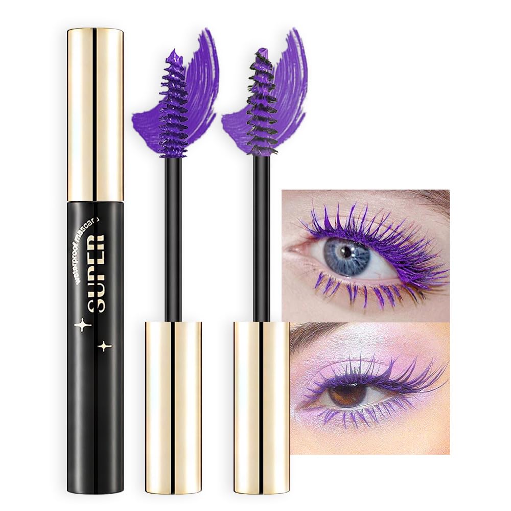 Colored Colorful Waterproof Mascara for Eyelashes Set,Blue White Black Brown Purple Long lasting Charming Voluminous Cruelty Free Vegan Eye Makeup (A-2Pcs 08#	 Purple, A)
