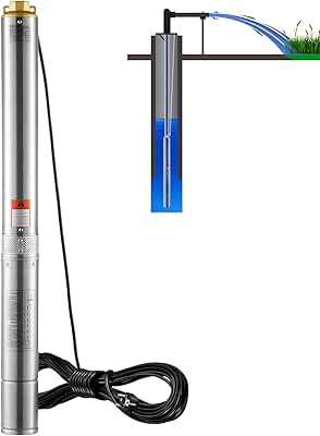 VEVOR Bomba Sumergible de Acero Inoxidable para Pozo Profundo Impermeabilidad IP68 1500W 230 V 50 Hz, 9,8 m³/h Caudal 108 m Cabezal con Cable Eléctrico de 9,1 m para Uso Industrial y Doméstico