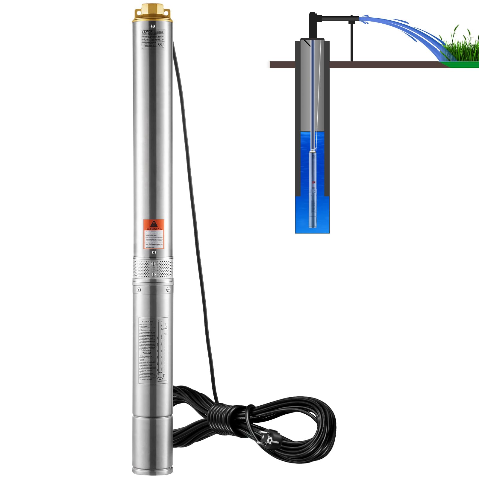 VEVOR Bomba Sumergible de Acero Inoxidable para Pozo Profundo Impermeable IP68 2200 W 230 V 50 Hz, 9,​8 m³/​h Caudal 144 m Cabezal con Cable Eléctrico de 9,​1 m para Uso Industrial, Riego y Hogar