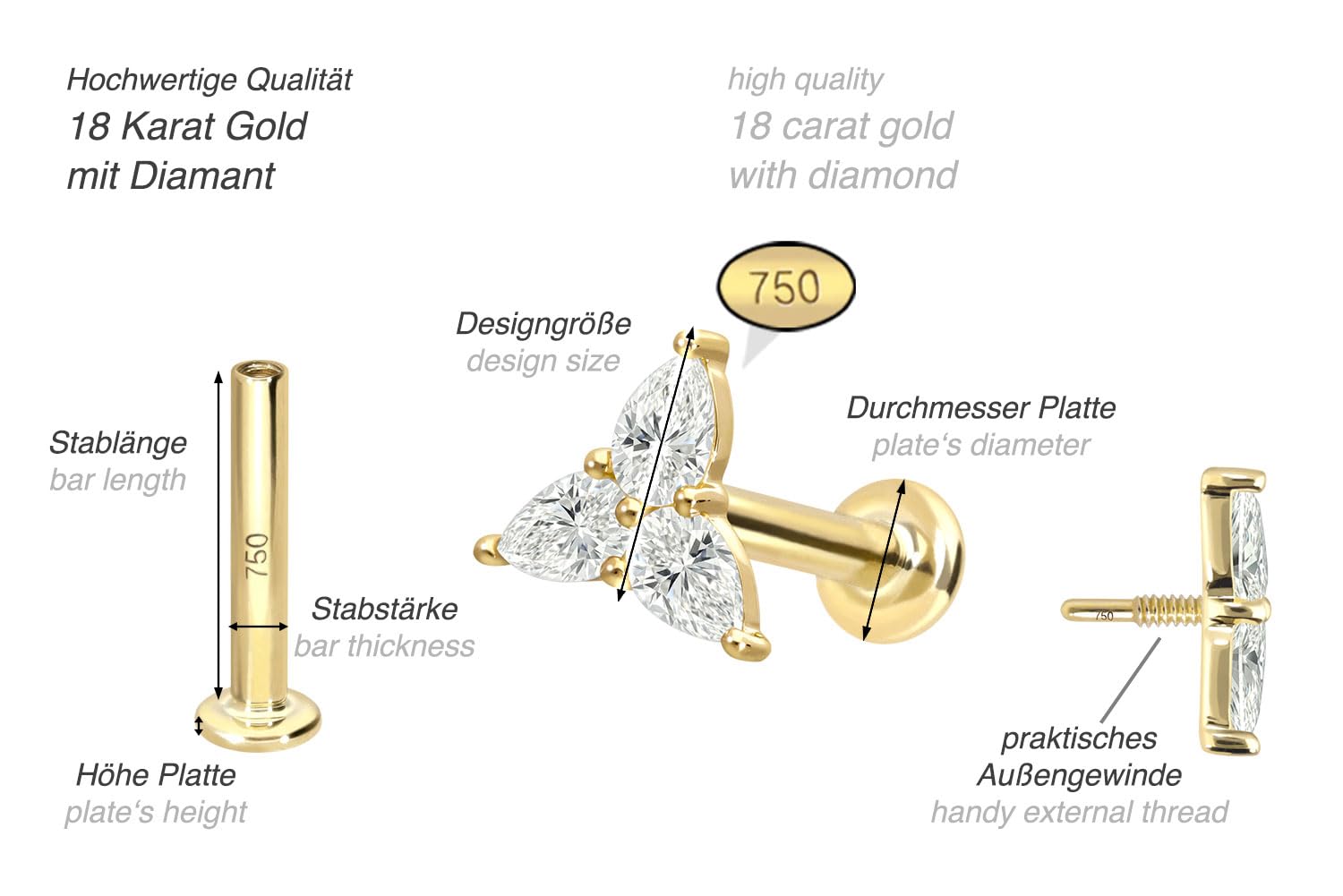 PIERCINGLINE Piercing Stecker 18 Gold Labret mit Innengewinde DIAMANT-BLUME 750er Gold - Goldfarben