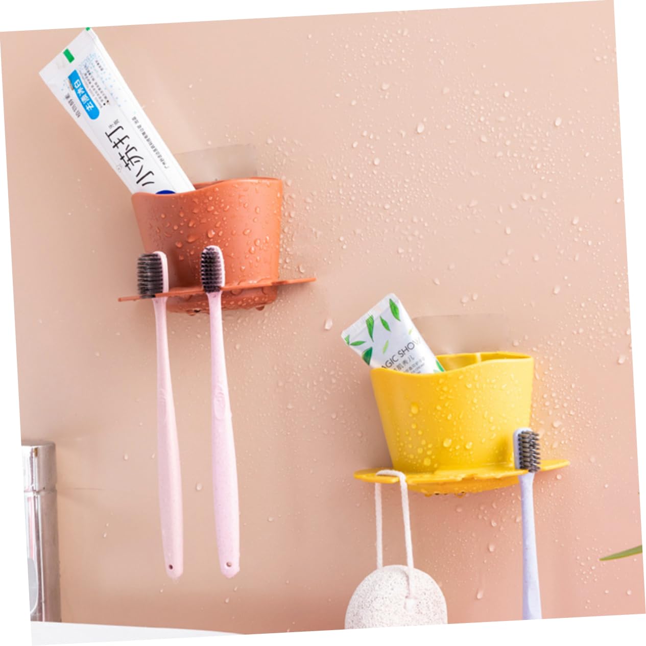 Cabilock 9piezas Soporte De Cepillos De Dientes y Afeitadoras Sin Perforaciones Organizador De Baño Multifuncional Estante De Pared De Naranja Azul Oscuro