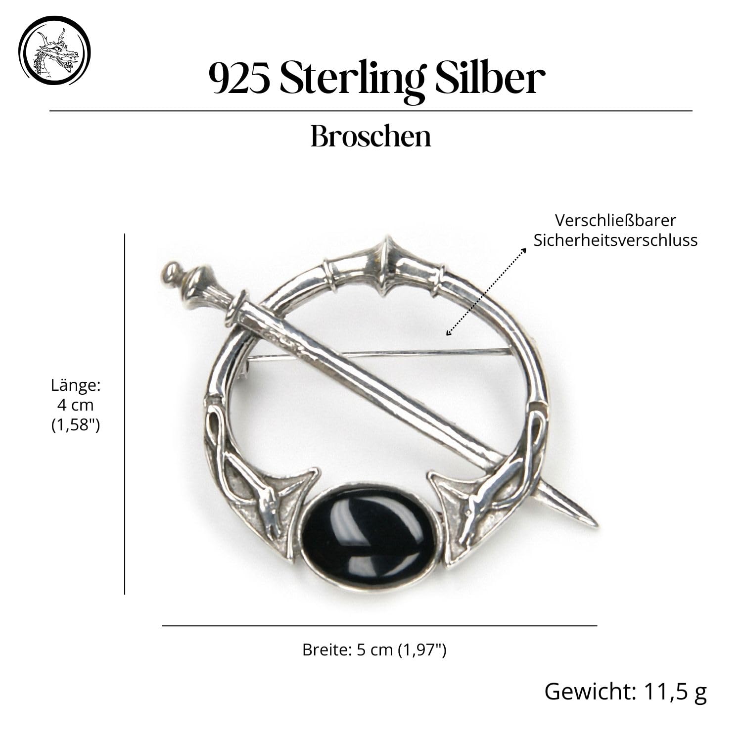 Keltische Brosche Fibel Gewandnadel 925 Sterlingsilber Onyx Mittelalter Wikinger Gothic Silberschmuck Damen Herren