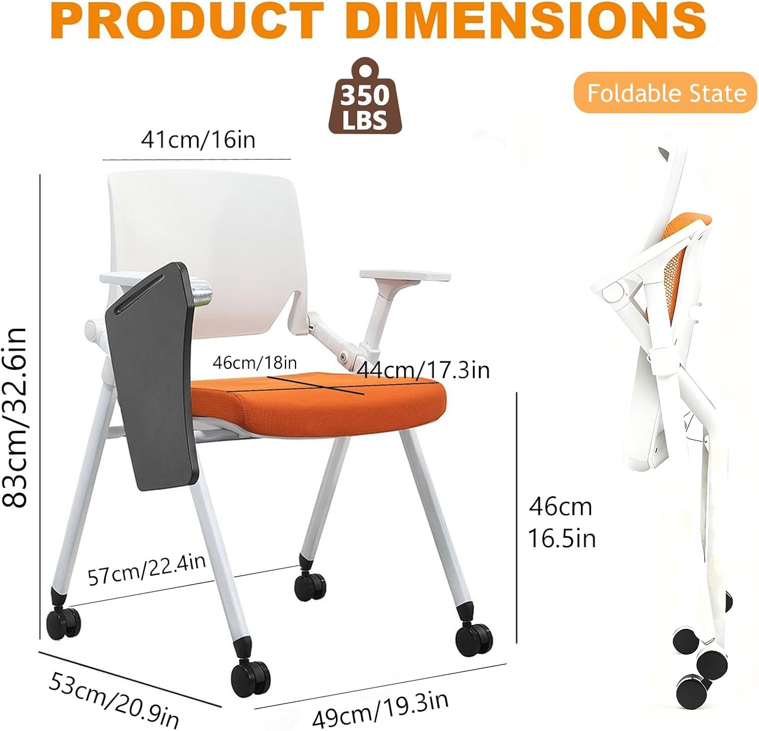 Folding Conference Room Chairs with Tablet Arm, Rolling Office Desk Chair with Lumbar Support Sliding Armrest, Space-Saving Stackable Office Guest Chair & Reception Chairs(With Tablet Arm, Yellow)