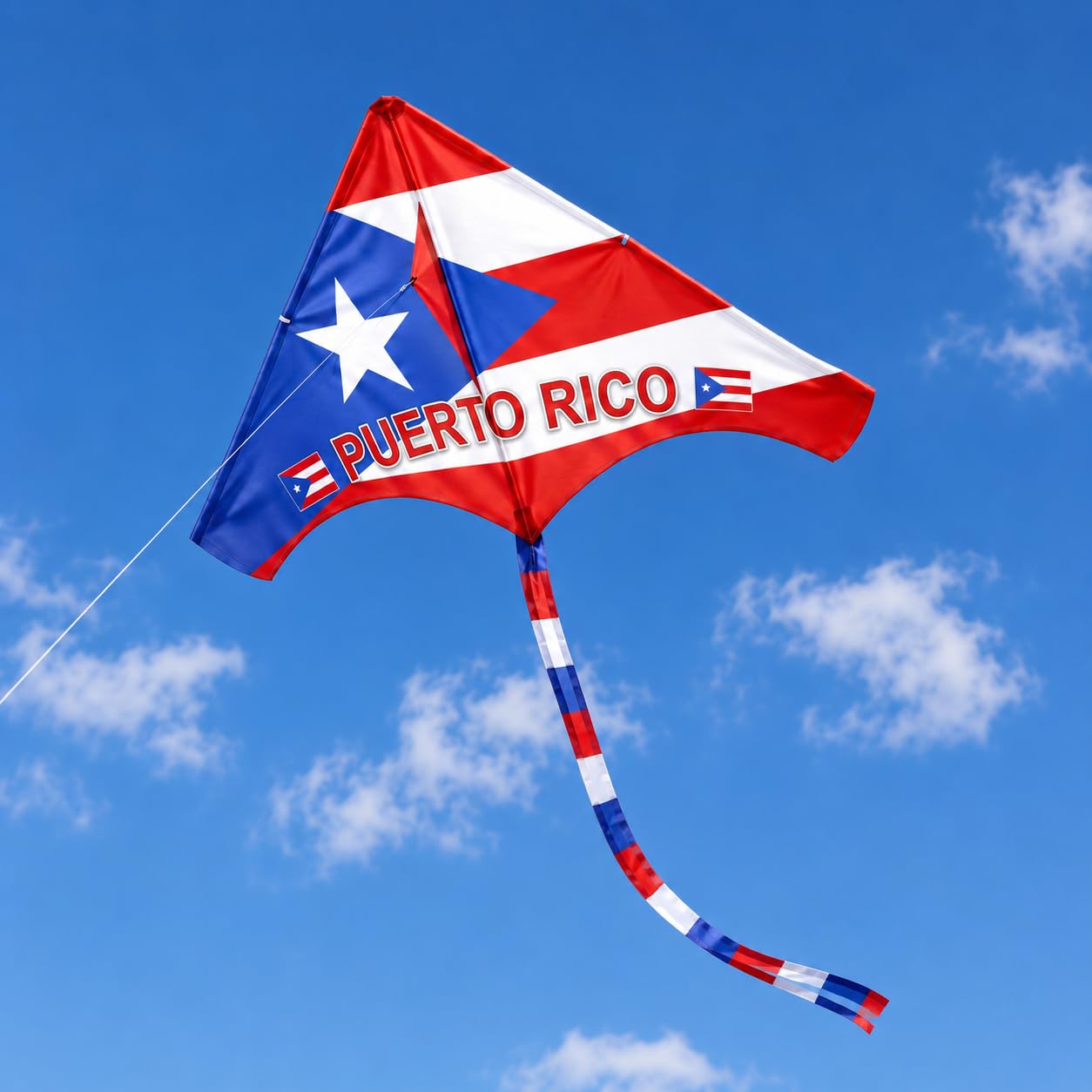 Cerf-volant drapeau de Porto Rico – Boricua rouge blanc bleu Delta cerf-volant avec longue queue | Design drapeau volant extérieur pour adultes | Fierté portoricaine plage et parc Boricua