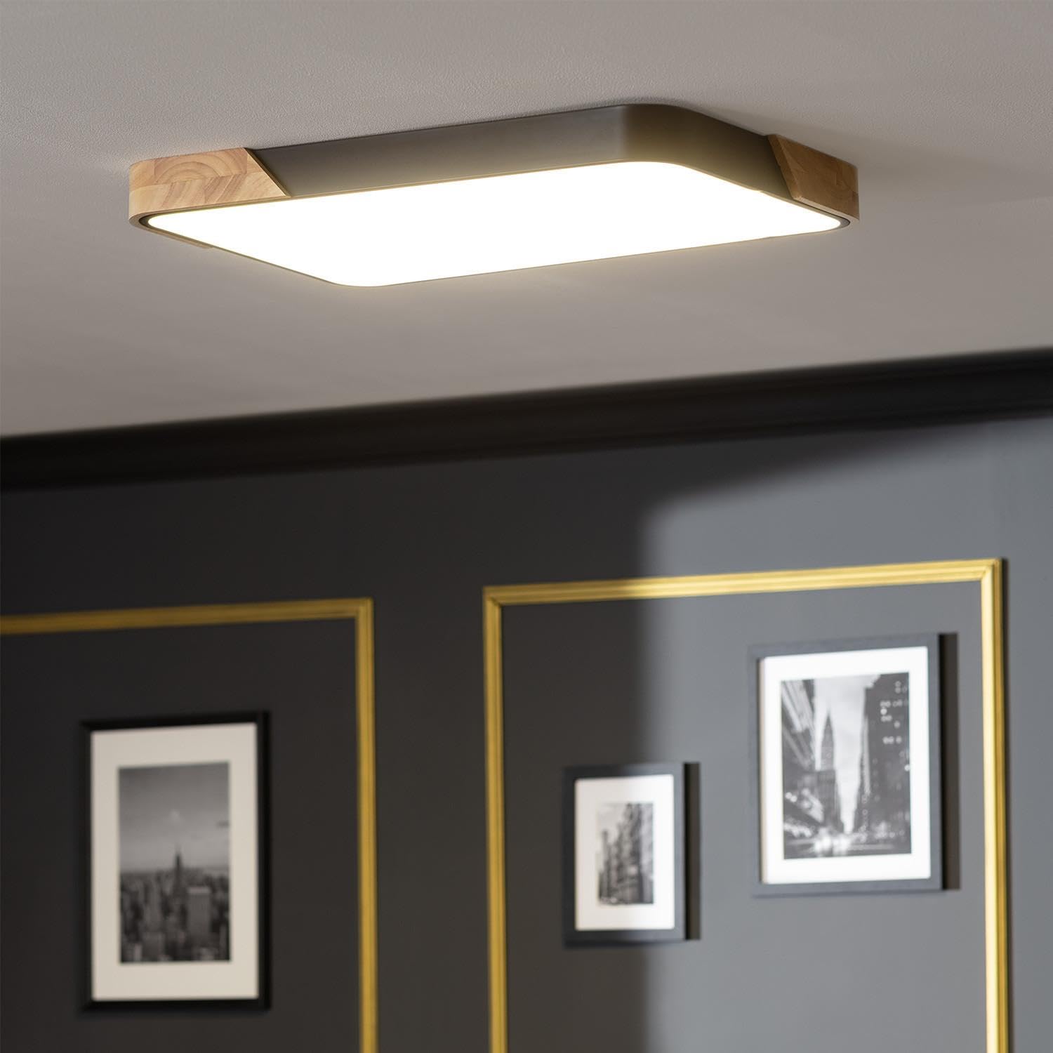LEDKIA Plafón LED 30W Rectangular Madera y Aluminio 625x425 mm CCT Seleccio | Temperatura de Color Seleccionable | Dimensiones 625x425 mm | Iluminación 2400 lm | Negro; Metal; Madera