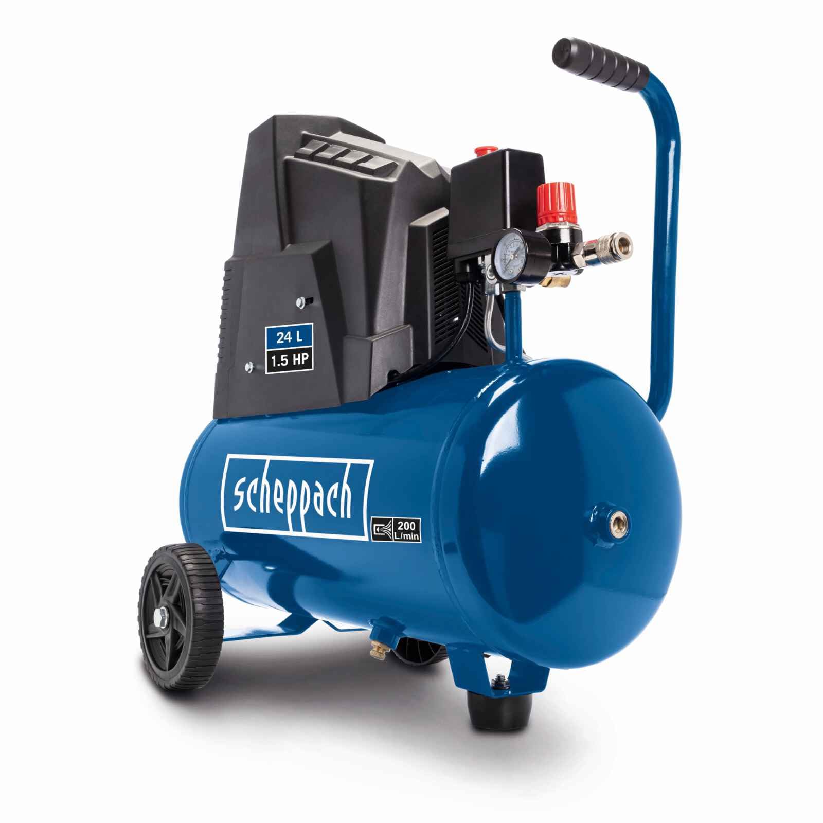 Scheppach Druckluft Kompressor HC30o | 14 tlg. Zubehör | ölfrei & langlebig | 1100W Leistung | 24L Kessel mit 8 bar Druck | 200l Luftleistung |Fahrvorrichtung, Druckminderer & Schnellanschlusskupplung