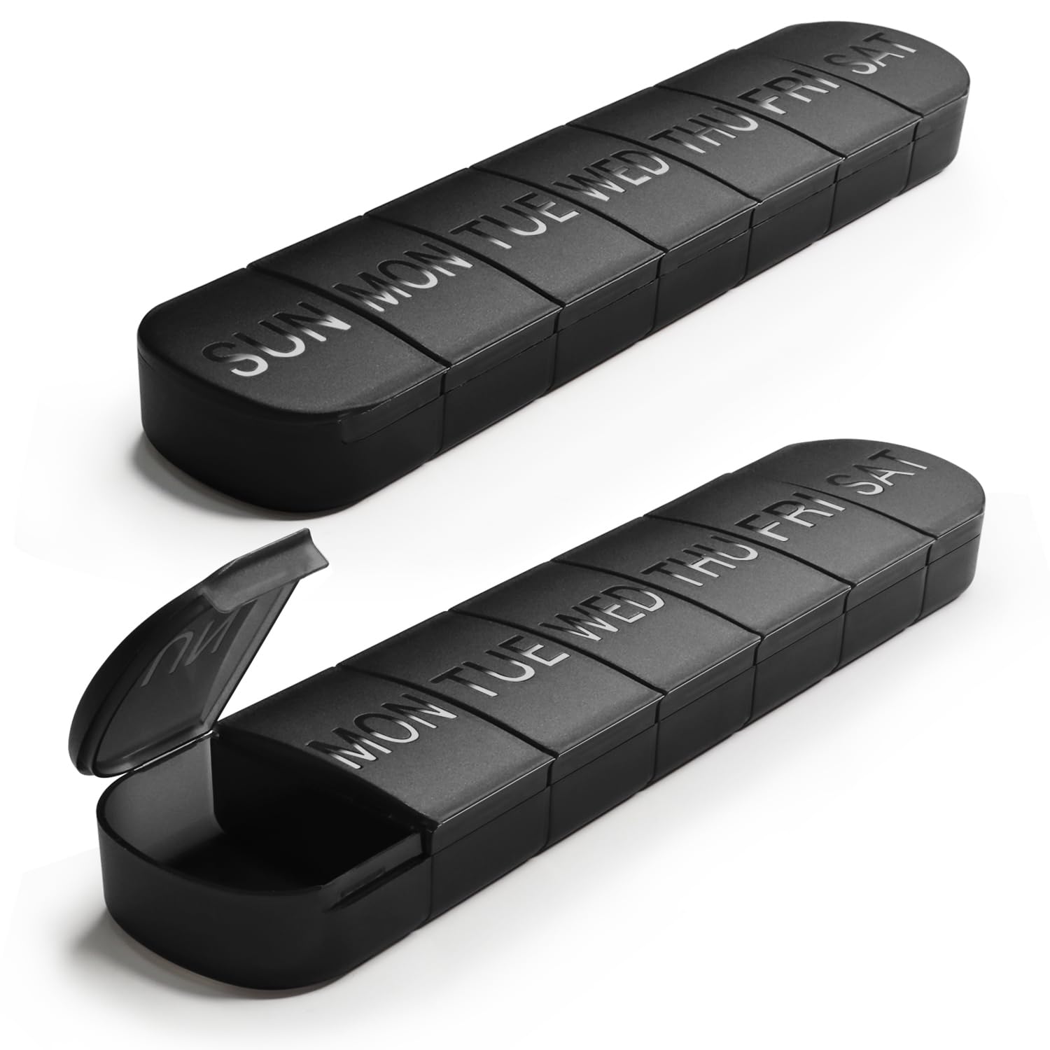 FHORAIN Large Weekly Pill Organizer, 2-Pack 7 Day Pill Box with Debossed Labels, Fade Resistant, BPA-Free Translucent Lids (Black & Black)