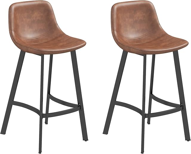 HOMCOM 27" Counter Height Bar Stools Set of 2, Industrial Kitchen Stool, Upholstered Armless Bar Chairs with Back, Steel Legs, Brown