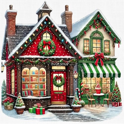 Image of askkqtx Christmas Stamped Cross Stitch Kits for Adults 14x14 Inch | Christmas Shop 11CT Needlepoint Counted Cross Stitch Kits for Beginner, Printed Embroidery Kit Art Craft Home Wall Decor Gift