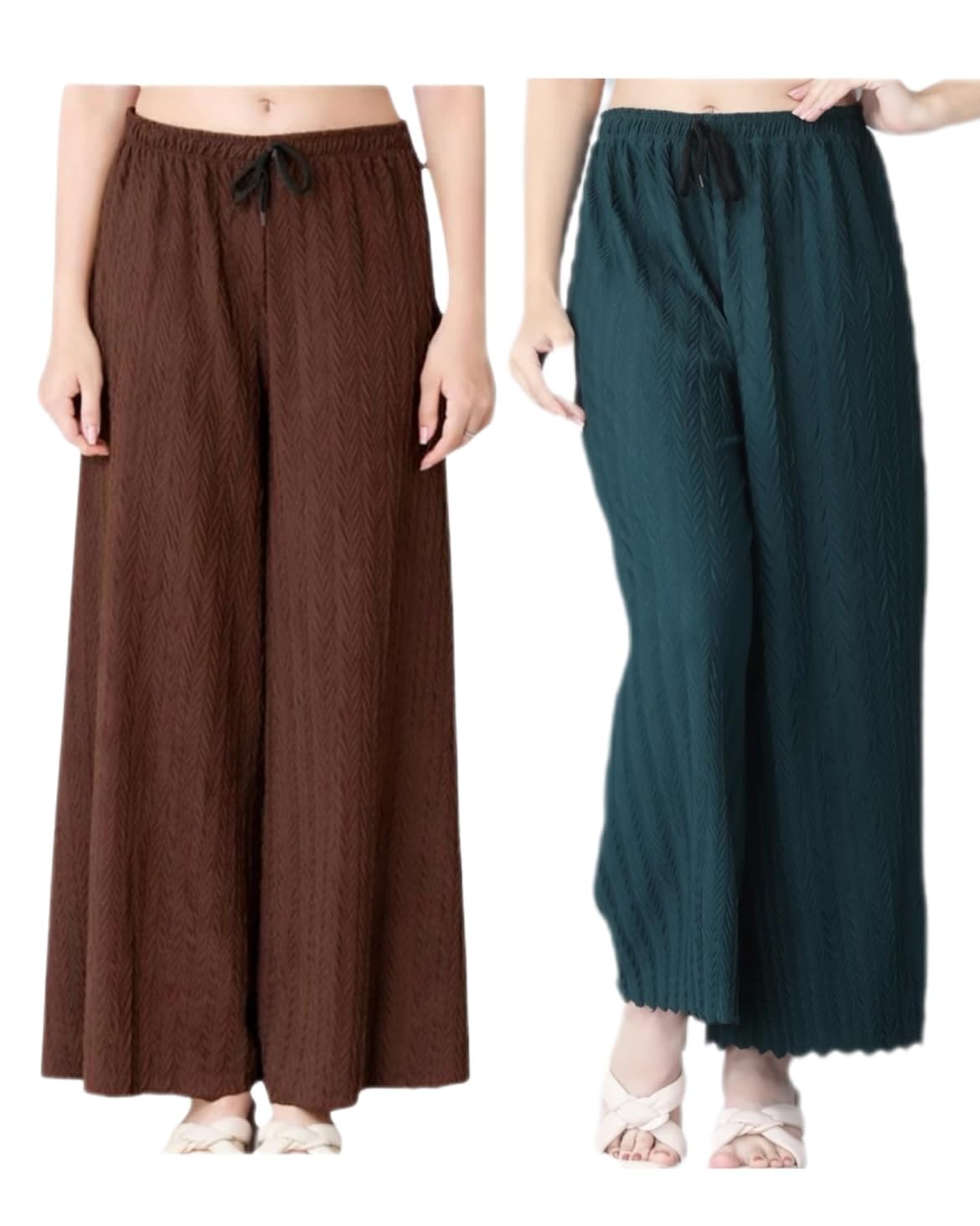 Women’s Pack of 2 Wide Leg Palazzo Pants | Free Size (Fits S to 3XL) | Elastic Waist with Drawstring | Textured Fabric | Palazzo Combo | Comfortable Casual & Ethnic Palazzo for Women-picture-42