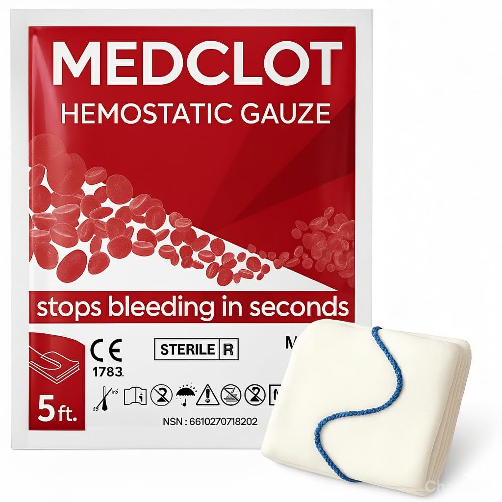 clotting Gauze Z-Fold – Quick Clotting Hemostatic Dressing Stops Bleeding Fast –Hemostatic Gauze – Sterile Vacuum-Sealed First-Aid Essential for Outdoor, Hiking&Camping – 12/2026 expire 5ft