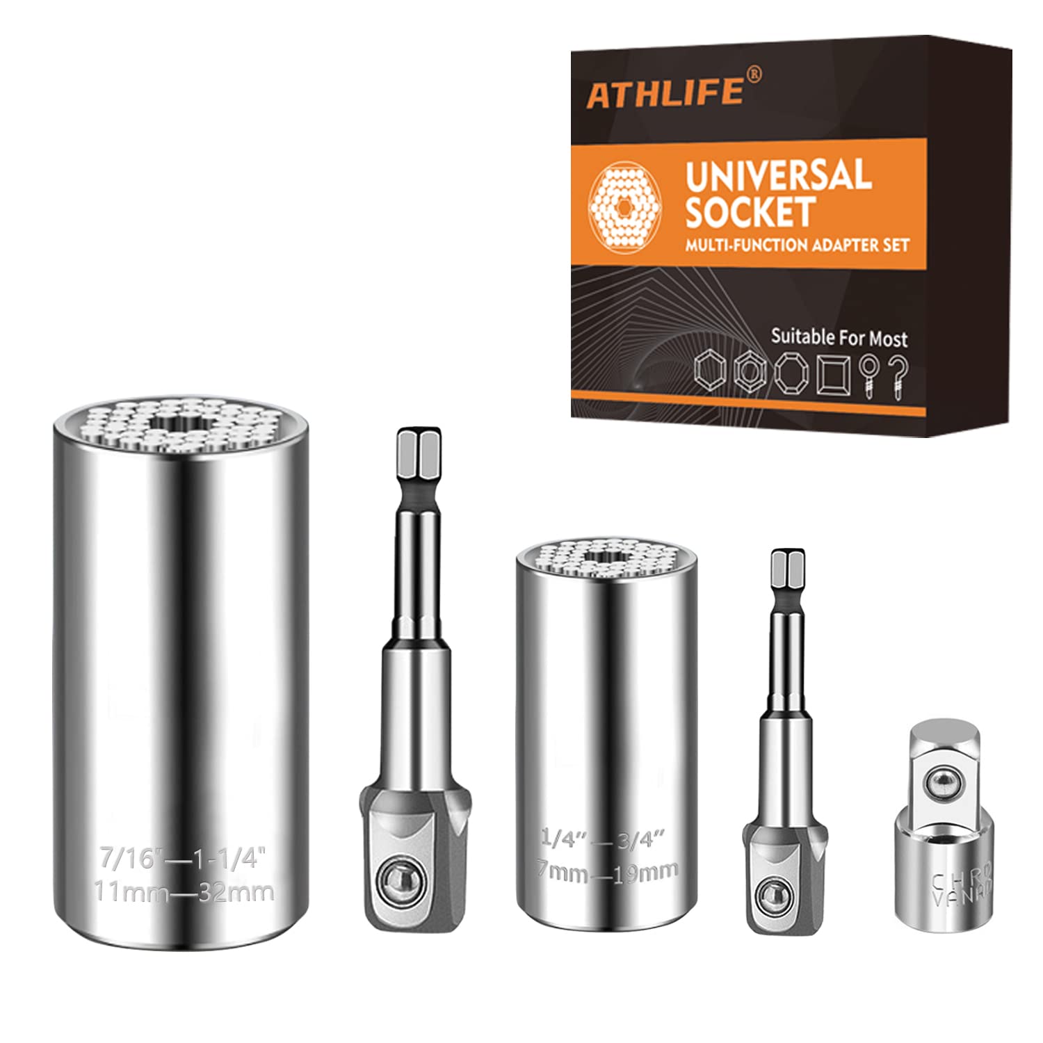 AthlifeUniversal Socket Set (7-19mm 11-32mm) Super Socket For Unscrew Any Bolt Tools with 3/8" to 1/2" Adaptor Power Drill Adapter Socket Multi-function Socket Set Gifts for Father's Day 5PCS Set