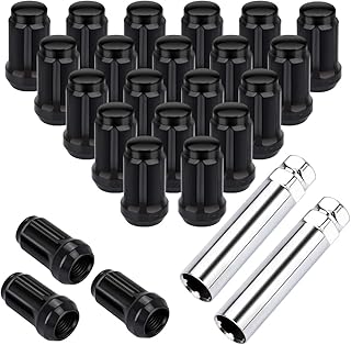 1/2x20 Wheel Lug Nuts, 23 x Black 1/2''-20 Lug nut, 60 Degree Conical/Cone Bulge Seat, Closed End 6 Spline Nut 1.38" Tall 3/4" Hex with 2 Keys Fits Dodge Jeep Ford Lincoln, Pack of 23 Pcs