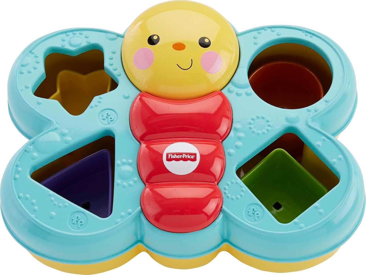 Close-up of the Fisher-Price Butterfly Shape Sorter with colorful blocks correctly placed in their respective openings.