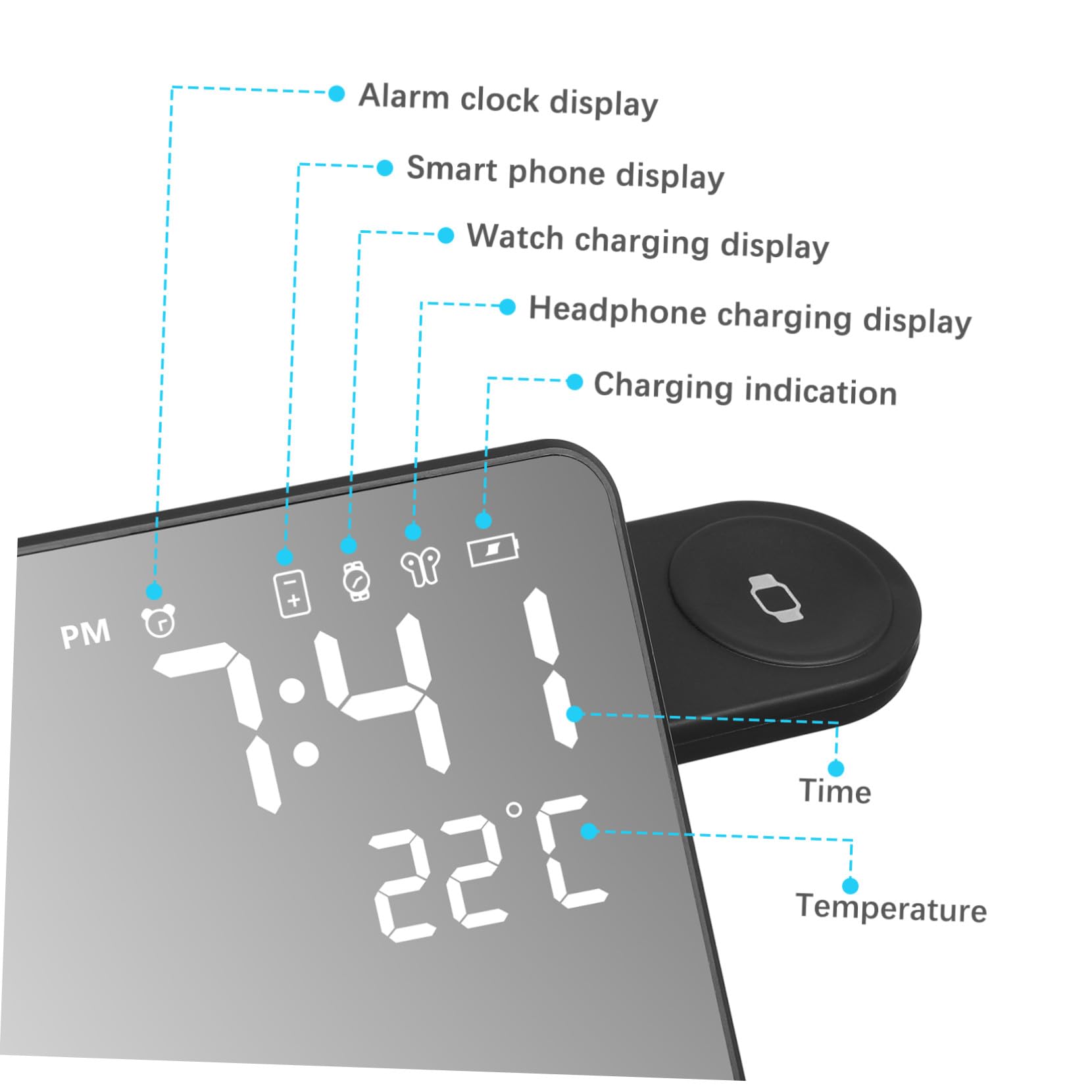 Station de Charge sans Fil Multifonction pour Téléphones et Montres, Réveil Numérique LED avec Affichage Température, Compatible Bureau et Chambre, Couleur Noire Compacte