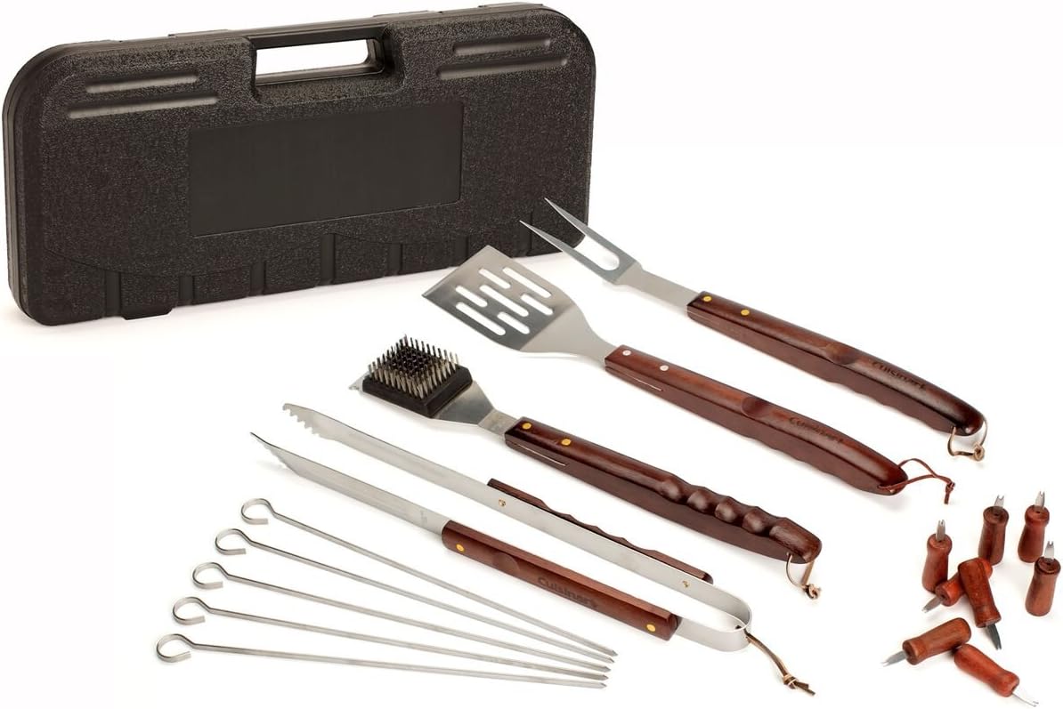 Cuisinart CGS-W18 Wooden Handle Grill Set, Quick Cut Pizza Cutter, 18 Piece