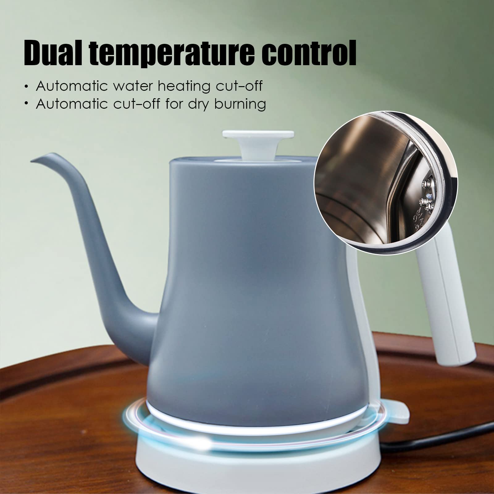 Tetera eléctrica contemporánea para café, té, hervidor silencioso, apagado automático, calefacción de 3,5 minutos, café, tat/negro/gris