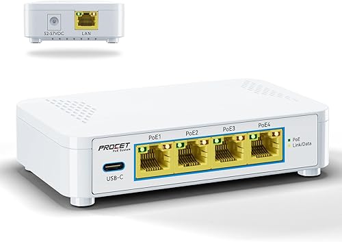 Conmutador PoE Gigabit de 5 puertos con 4 puertos PoE+ y 1 puerto USB-C 5V2A, conmutador Ethernet PoE pequeño de 4 puertos de salida compatible con