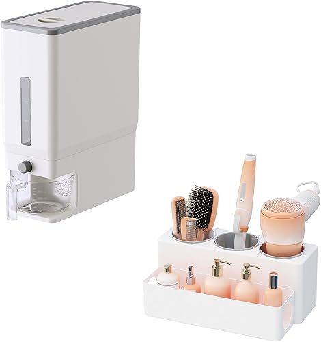 Lifewit Contenedor de arroz de 25.4 libras, dispensador de arroz con taza medidora y organizador de herramientas para el cabello, soporte para