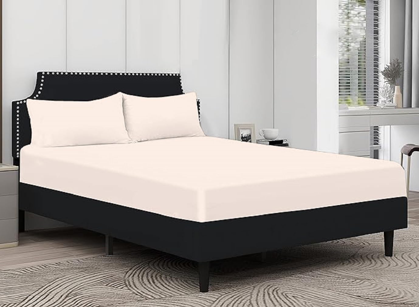 100% Egyptian Cotton Fitted Sheet 25cm Deep Mattress Pocket 200 Thread Count Soft & Fade Resistant Bottom Fitted Sheet (Cream, Single)